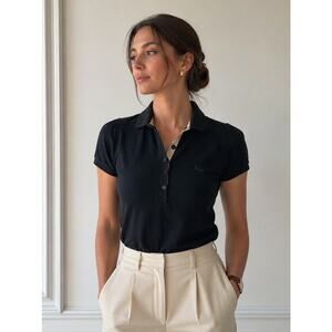 BURBERRY BRIT Cotton Puff Sleeve Polo Shirt Nova Check Black Sz M $890 {3K37}